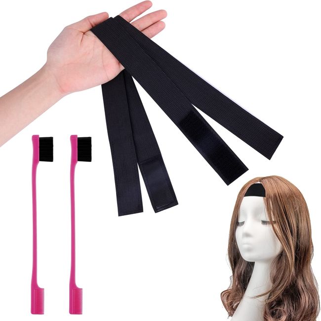 SAVITA 2 Stück Wig Elastic Band, Schwarz Perückenband Verstellbar Gummiband für Spitzenperücke Elastischer perückenband e Perückengriffband mit 2 Stück Bürste Kante