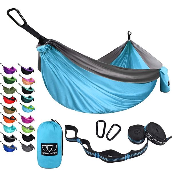 Gold Armour Camping Hammock - Portable Hammock Single Hammock Camping Accessories Gear for Outdoor Indoor Adult Kids, USA Based Brand (Light Blue & Grey)