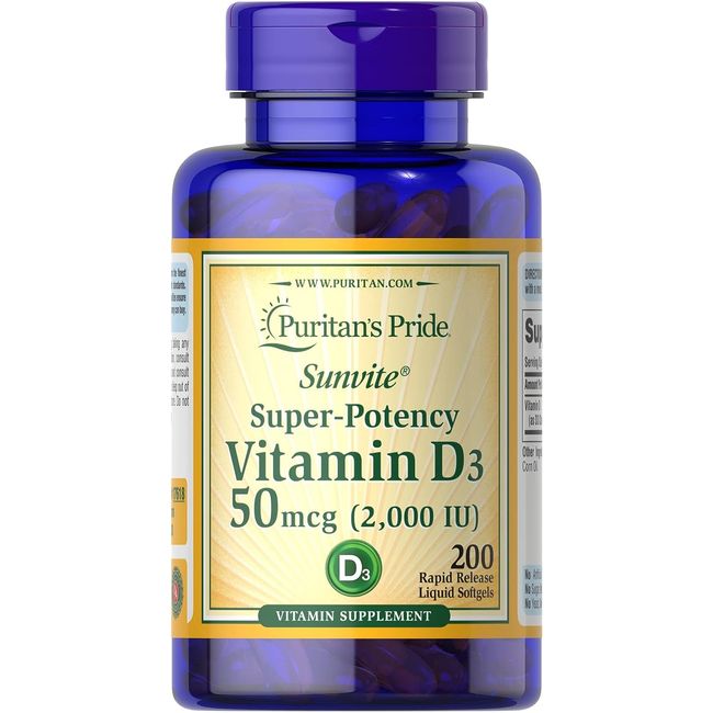 Vitamin D3 50mcg (2,000 IU) Bolsters Immune Health by Puritan's Pride for Support of Immune Health and Healthy Bones and Teeth 200 Softgels