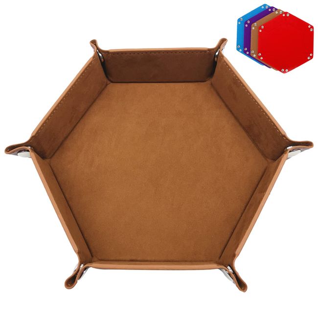 HUAZONTOM Folding Dice Tray, Dice Mat, Dice Tray, PU Leather, Hexagonal, Stylish, Tabletop, RPG, DND, MTG Table Games, Small Items, Game Tray, Card Tray, Storage Box, Brown