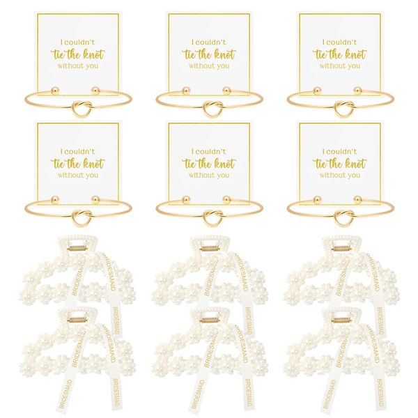 DEEKA 12 Pcs Bridesmaid Proposal Gifts, Pearl Hair Claw Clips & Bridesmaid Knot Bracelet Bachelorette Party Wedding Favors Bridal Party Present Hair Accessories for Women(Gold Bracelets)