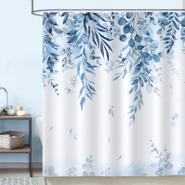 Bonhause Blue Eucalyptus Leaves Shower Curtain Watercolor Plant Leaf Bathroom Curtain 180 x 180 cm Waterproof Mildew & Mould Resistant Polyester Fabric Bath Curtain with 12 Hooks