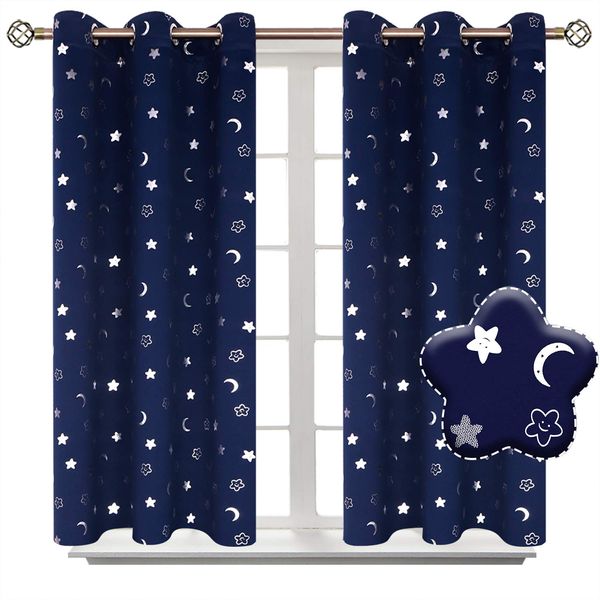 BGment Navy Blackout Curtains for Bedroom, Star Curtains with Moon for Kids Room, Thermal Insulated Room Darkening Drapes with Grommet for Nursery Girl Boy Baby, 2 Panels of 42 x 45 Inch