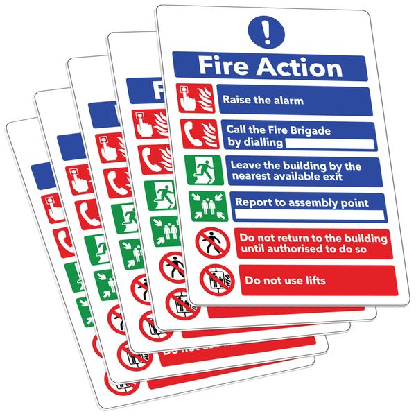 RDLCAR Fire Action Notice Sign - Pack of 5 - Evacuation Procedure, Report to Assembly Point, With Emergency Number and Clear Fire Alarm Guidelines, Comprehensive Fire Signage, 200mm x 300mm