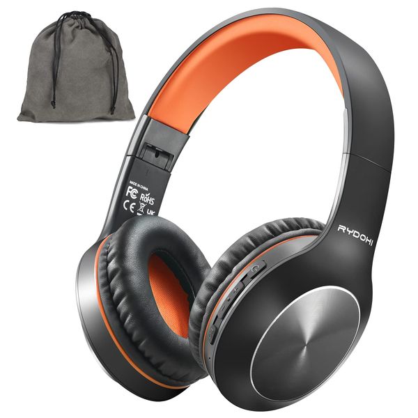 Rydohi Bluetooth Headphones Over Ear, 68H Playtime and 3 EQ Music Modes Wireless Headphones with Microphone/Deep Bass, HiFi Stereo Foldable Lightweight Headset for PC Home Travel Office (BLACK-ORANGE)