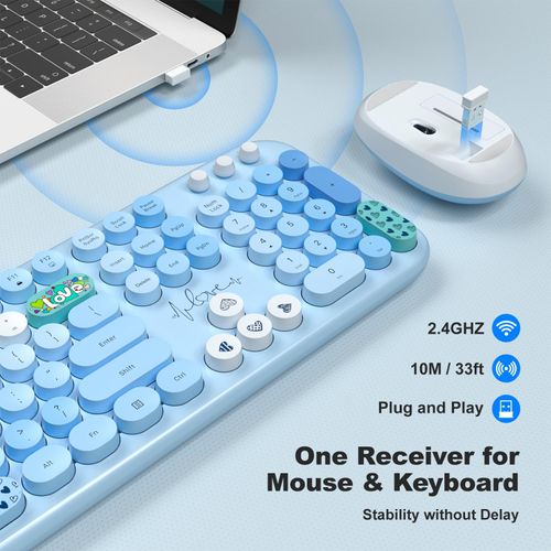 MOFII Wireless Keyboard and Mouse Combo - Pale Blue Full Sized Plug and Play Colorful Computer Keyboards - 104 Keys Round Keycap USB 2.4G Cute Keyboard for Windows/Laptop/Mac/Desktop/PC