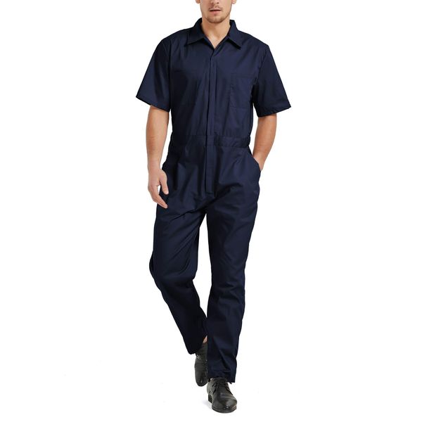 TopTie Men's Short-Sleeve Work Coverall Lightweight with Elastic Waist, Navy Coverall