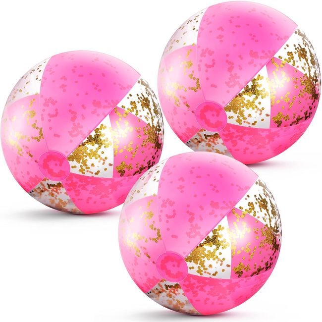 16 Inch Inflatable Glitter Beach Ball Confetti Beach Balls Swimming Pool Party Balls Pink Beach Sand Balls for Adult Boys Girls Summer Beach Water Play Toy, Pool Hawaii Luau Party Favor (3 Pieces)