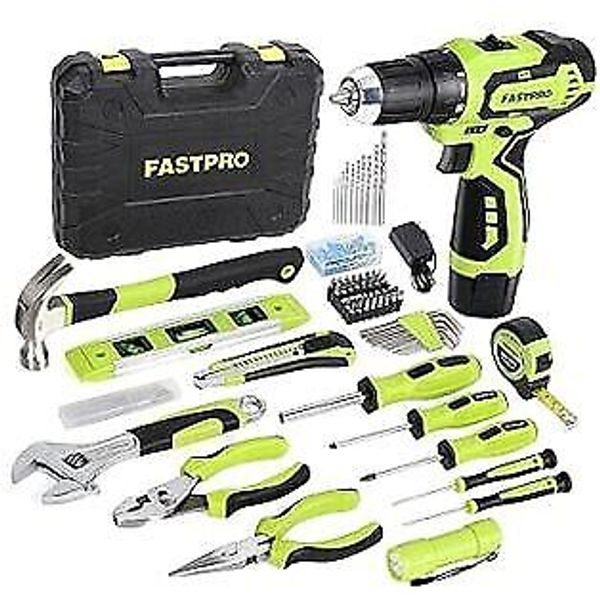 160-Piece Home Tool kit with Drill, 12V Cordless Lithium-ion Drill Green