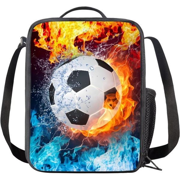 VKWE Football Lunch Box Bag Boys Girls 3D Football Insulated Lunch Bag Kids Reusable Cooler Warm Tote Football Lunch Box with Drink Bottle Holder for School Picnic Travel Hiking Camping (Football05)