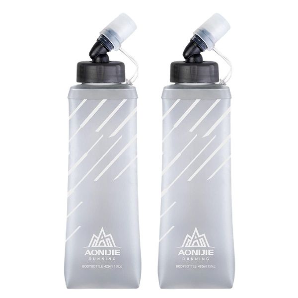 TRIWONDER TPU Folding Water Bottle Water Bottle Sports Bottle Running Marathon Cycling Climbing Hydration Soft Water Bottle (Grey 420ml - 2 Pack)