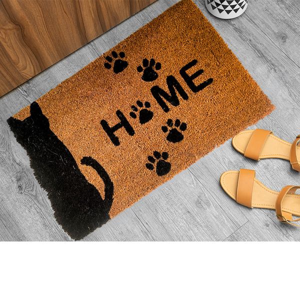 Silhouetted Black Cat and Paws Coir Large Door Mat Cat Lovers Gift 75 x 45cm