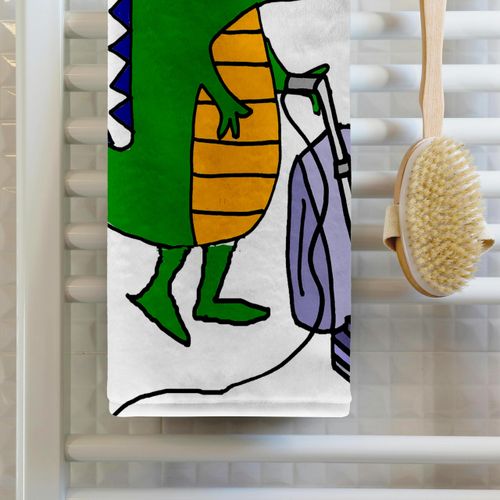 3dRose 22x30 Bath Hand Pool Towel - Cute Funny Alligator Using Vacuum Cleaner Cartoon Funny