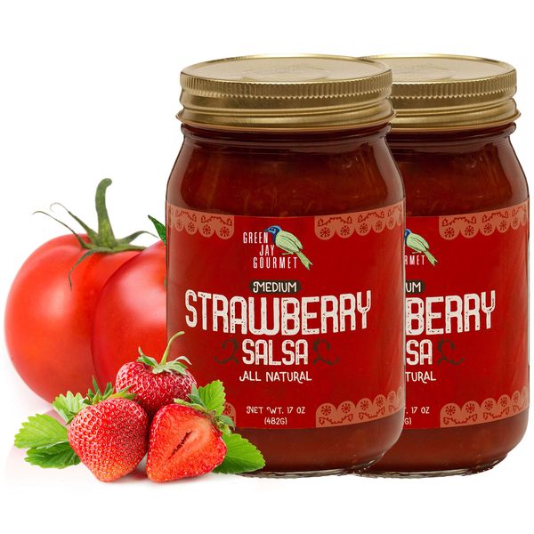 Green Jay Gourmet Strawberry Salsa - Strawberry-Flavored Fruit Salsa - Medium Heat Picante Salsa - Gourmet Salsa Dip with No Preservatives - Gluten-Free, Small Batch Natural Salsa Sauce - 2 x 17 Ounce