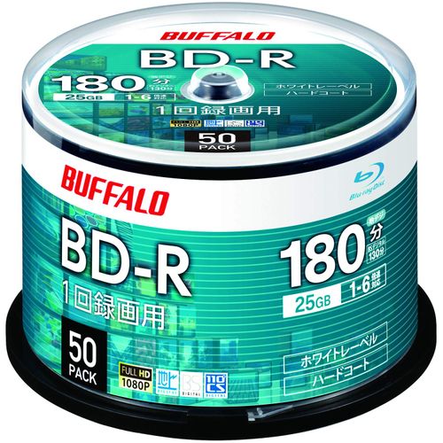 Buffalo RO-BR25V-050PW/N BD-R Blu-ray Discs for Single-Use Recording, 25 GB, Pack of 50 Discs w/ Spindle, Single-Sided, Single-Layer, 1-6x Speed, White Label (Amazon.co.jp Exclusive)