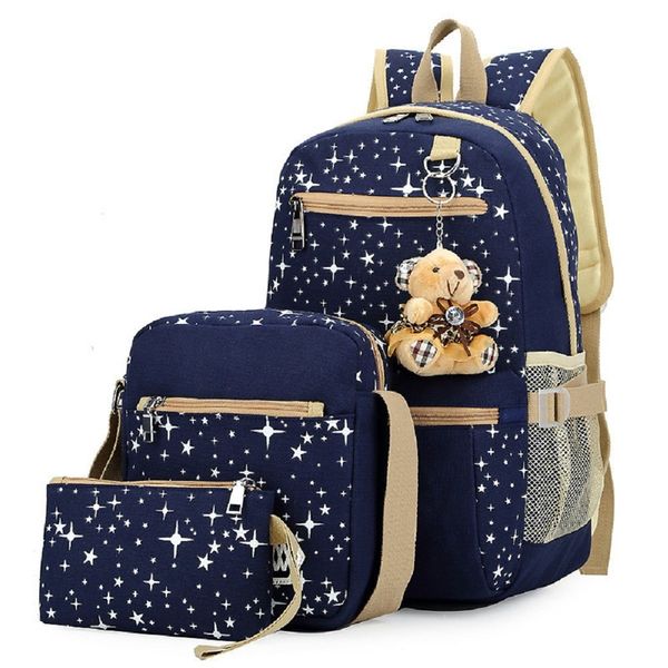 Star Print Girls Canvas Backpacks Set for School, School Bags Bookbags for Teenage Girls, with Crossbody Bag, 3 Pieces