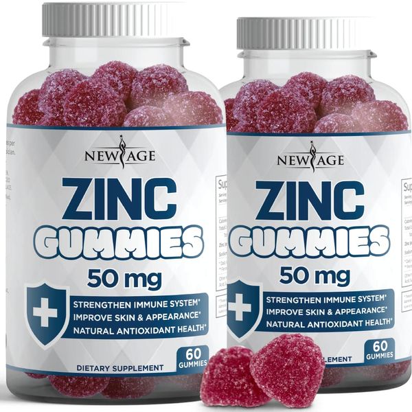 Zinc Gummies - 2 Pack - 50mg High Immune Booster Zinc Supplement, Immune Defense, Powerful Natural Antioxidant, Non-GMO - by New Age, 120 Count