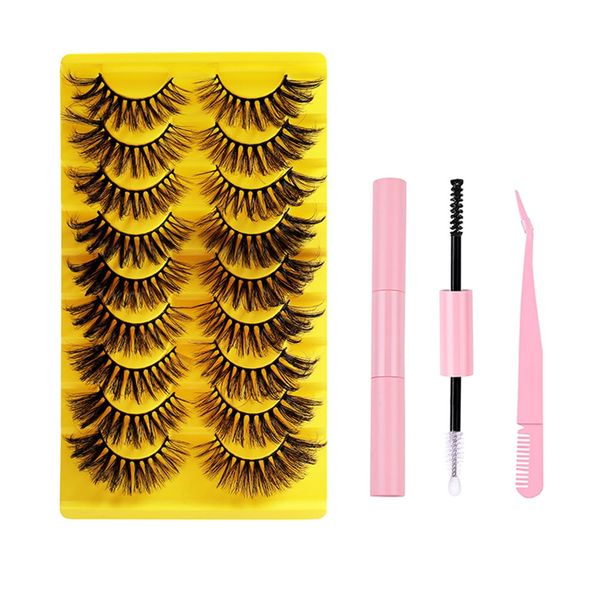 FAIRYGATE Strip Lashes Wispy Natural Look False Eyelashes Reusable Adhesive Eye Lash Soft Fluffy Lashes 9 Pairs with Lash Glue and Pink Tweezers，B5322