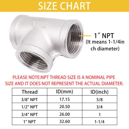 S SYDIEN Tee Pipe Fittings 304 Stainless Steel Tee 1" x 1" x 1" Female NPT Thread Adapter T Shaped 3 Way Cast Pipe Fitting, 1 Pack