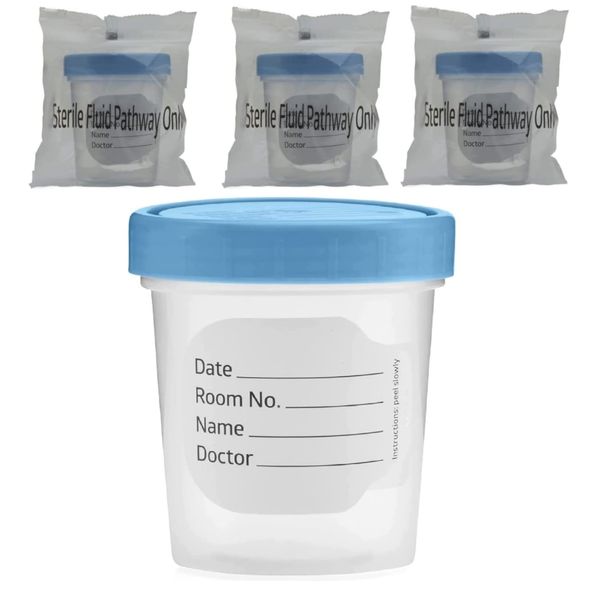 Sterile Specimen Cups Individually Bagged with Lids [3 Count] 4 oz Clear Urine Collection Cup with Leak Proof Screw On Covers - 4.5 Compacity Specimens Jars – for Safe Pee, Stool, Semen Sample Testing