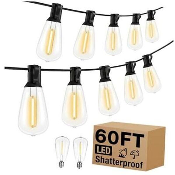 Led Outdoor String Lights, 60Ft Patio Lights Waterproof with Edison Bulbs 60FT