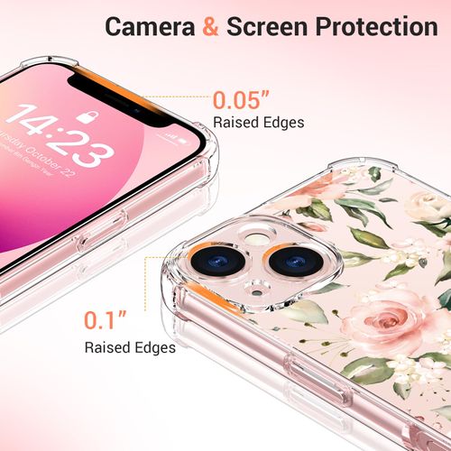 bicol for iPhone 14 Case with Screen Protector,Enhanced Camera Protection,Clear TPU Cover with Trendy Designs for Girls Women,Slim Fit Protective Phone Case,Champagne Flowers