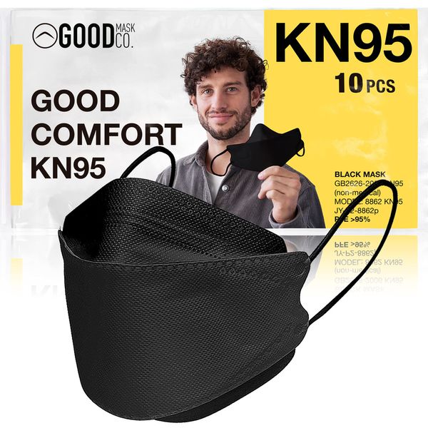 Good Mask Co. Good Comfort KN95 Face Mask, Disposable KN95 Face Mask, Folding, Filter Efficiency 95%, Comfortable Face Masks, Bulk Face Masks (10 Pack of Masks, Black)