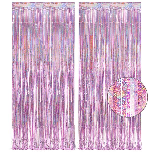 Pink Tinsel Curtain Party Backdrop - GREATRIL Foil Fringe Curtain Lilac Pink Party Streamers for Princess Bachelorette Euphoria Theme Party Decorations - 2 Packs