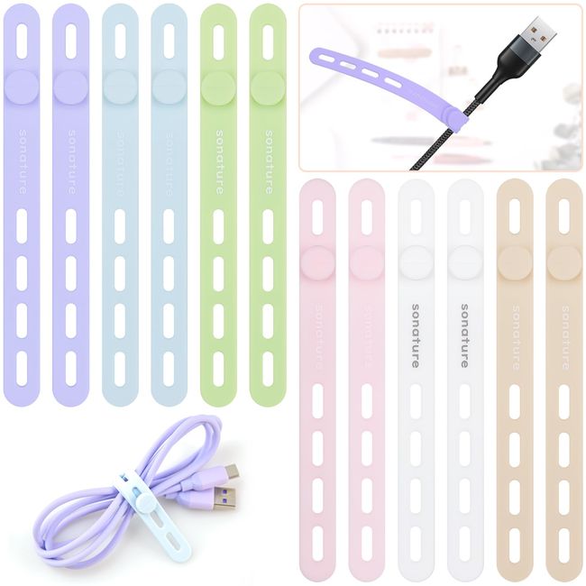 SONATURE Cable Bands, Cable Clips, 12 Pieces, 6 Colors, Soft Silicone, Cute Scandinavian Colors, Soft Touch, Repeated Usable, Smartphone/Earphones/TVs/PCs/Stereos, Cord Organization, Cable Storage,