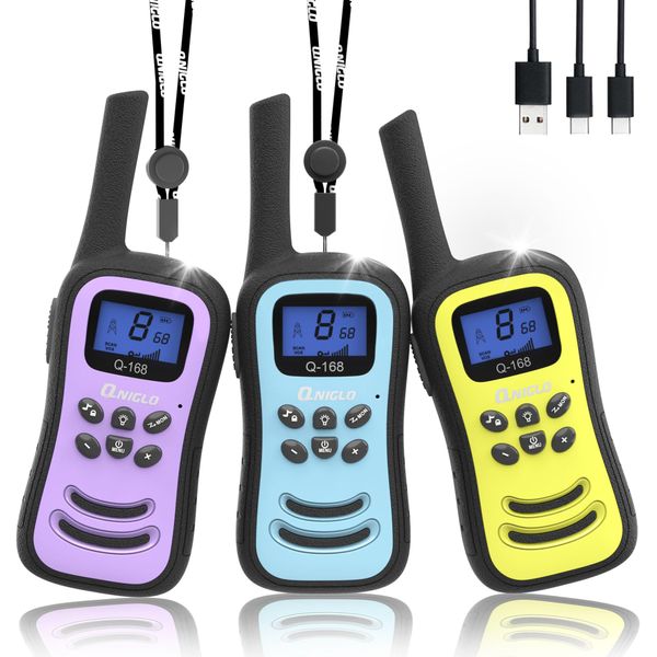 QNIGLO Walkie Talkies for Kids, Rechargeable Walkie Talkies 3 Pack, Kids VOX 2 Way Radios with 22 FRS Channels, LED Flashlight, Outdoor Adventure Camping Travel Toys