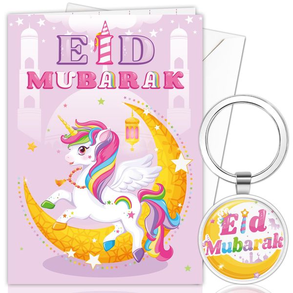 DPKOW Unicorn Eid Mubarak Card with Envelope, Eid Gift for Kids, Unicorn Eid Mubarak Keyring