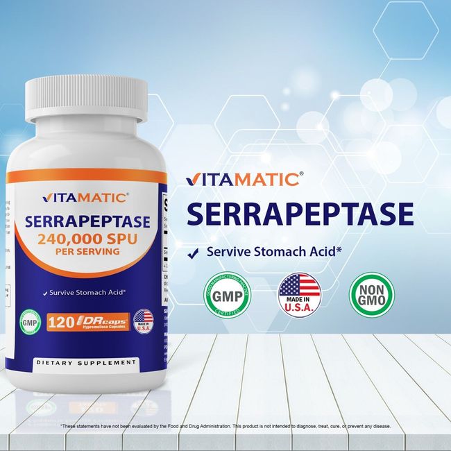 Vitamatic Serrapeptase 240,000 SPU Servings, 120 Delayed Released Capsules - Su