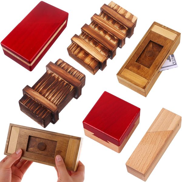 Puzzle Box 6 Pack Wooden Secret Puzzle Box with Hidden Compartment 3D Brain Teaser Magic Drawers Secret Magic Box Wooden Box Puzzle Case Difficult Puzzle Box Gift Card Puzzle Box for Adults and Kids