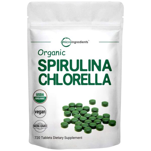 Organic Chlorella Spirulina Tablets, 3000mg Per Serving, 720 Counts, 4 Months Supply, 50/50 Blend Superfood, No Filler, No Additives, Cracked Cell Wall, Rich in Vegan Protein & Chlorophyll