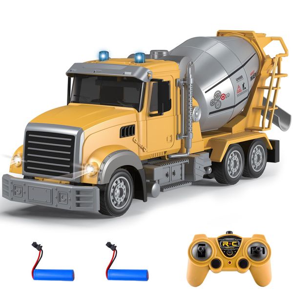 Fistone RC Cement Mixer Construction Toys, 6 Channel Construction Truck Toys with Lights, 1:24 Electric 360 Degree Stirring Construction Vehicles, Rechargeable Cement Truck Toys for Kids