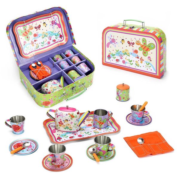 SOKA Bugs Metal Tin Teapot Set with Carry Case Toy for Kids - 18 Pcs Illustrated Colourful Design Toy Tea Party Set for Boys and Girls Pretend Role Play