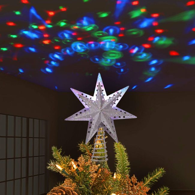 Juegoal Lighted Christmas Tree Topper, with Built-in Rotating Magic Ball LED Treetop Projector, 3D Glitter Silver Christmas Tree Star, Holiday Christmas Tree, Winter Home Wonderland Decorations