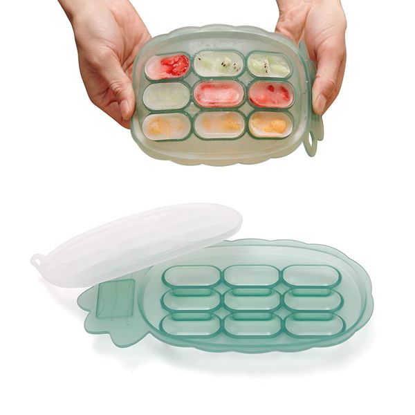 haakaa Baby Food Freezer Trays - Breastmilk Teething Popsicle Mold - Silicone Nibble Tray - Silicone ice Cube Tray with lid - Feeding Divided Sausage Plate for 4m+ Baby Toddler Kid-Green Pineapple