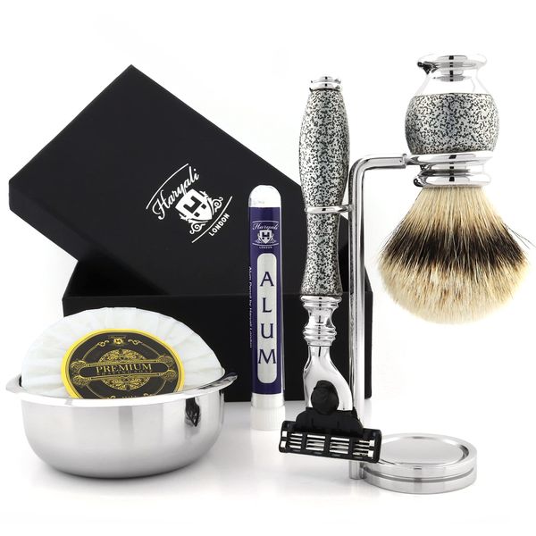 Haryali London 3 Edge Razor With Silver Tip Badger Hair Shaving Brush, Stainless Steel Stand and Alum Stick Perfect Shaving Kit For Men