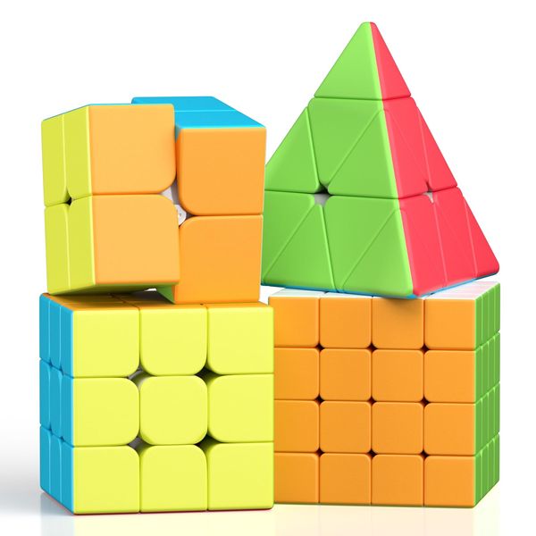 ROXENDA Speed Cube Set, 2X2 3X3 4X4 Pyramid Fast Cube Stickerless with Instruction [4 Pack] (Stickerless Cube Set)