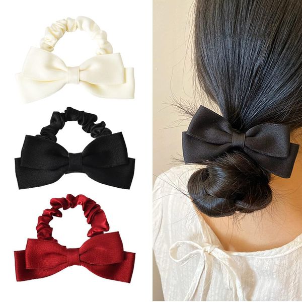 Bow Scrunchies Hair Ties for Thick or Thin Hair - Silk Bowknot Elastic Hair Accessories for Women in Black, Red, White (3PCS)