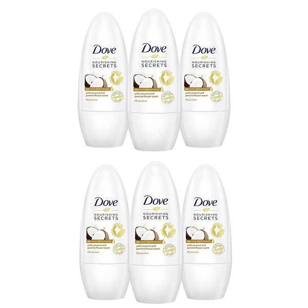 6x Dove COCONUT and JASMINE FLOWER 48H Ant-Perspirant Roll On 50ml