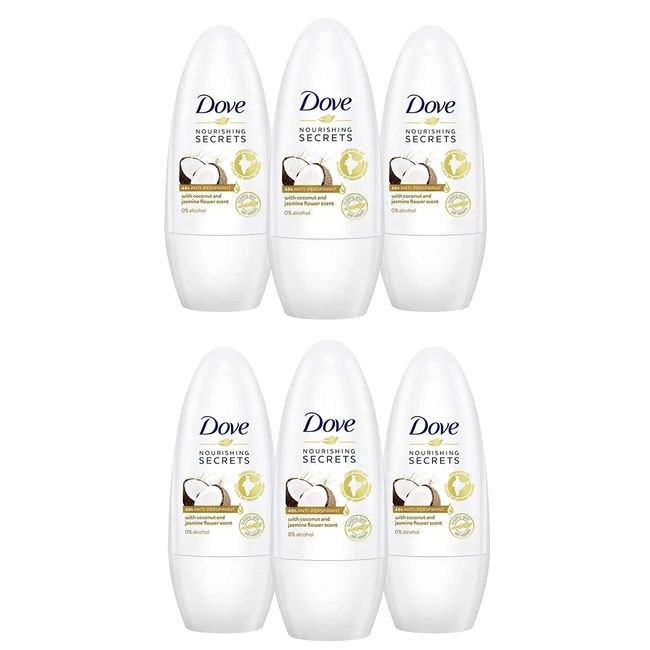 6x Dove COCONUT and JASMINE FLOWER 48H Ant-Perspirant Roll On 50ml