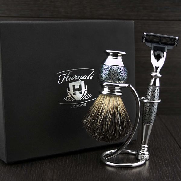 3 Pieces Men's Shaving Gift Set in Sliver Antique with Triple Edge Compatible Cartridge Head Razor,Black Badger Brush & Dual Stand for Both Razor & Brush .Perfect Set for Him