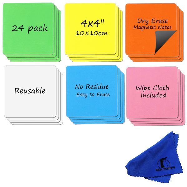 Dry Erase Magnets Set - 24 Pack - 4x4" Whiteboard Magnetic Labels - Small White Board Magnet Strips Name Tags for Home, Office and Classroom