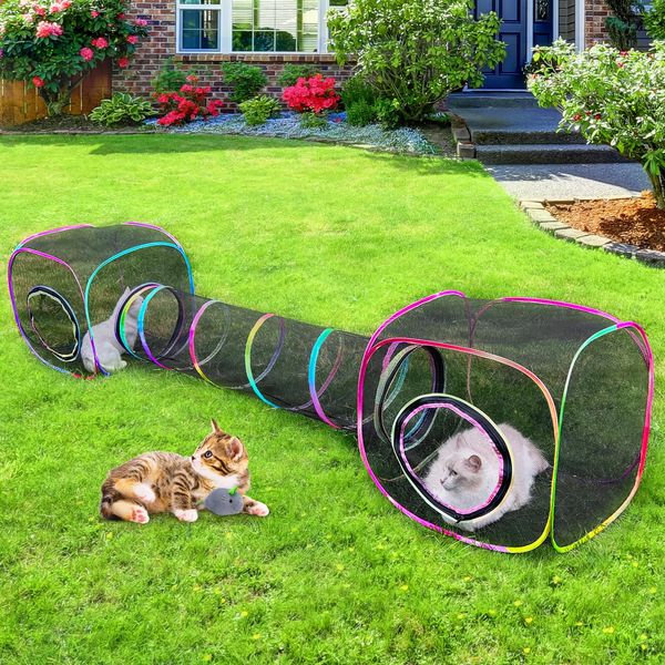 Outdoor Cat Enclosures Portable Cat Tunnel with Carry Bag Breathable Cat Tent Outdoor with 2 Mouse Toys Outside Cat Enclosure for Indoor Cats (2 Cubes + Run Tunnel)