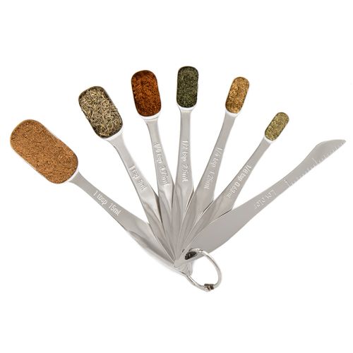 Chef Pomodoro Measuring Spoons 7-Piece Set, Stainless Steel Metal Measuring Spoons, Metric and US Laser Markings, Cooking Baking, Dry or Liquid, Fits in Spice Jars