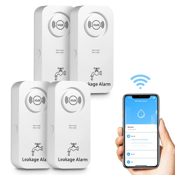 WiFi Water Leak Detector (2.4G WiFi), 90 dB Water Detector Alarm and App Alert, Wireless water level sensor, for Pipes, Bedrooms, Kitchens, Bathrooms, Basements