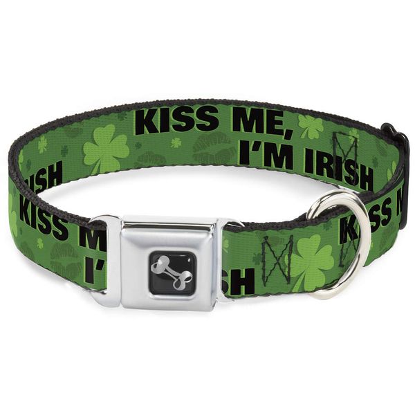 Dog Collar Seatbelt Buckle Kiss Me Im Irish Clovers Kisses Greens Black 13 to 18 Inches 1.5 Inch Wide