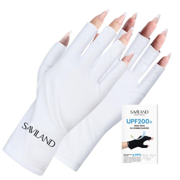 Saviland UV Gloves for Gel Nails - UPF200+ Professional UV Protection Gloves for gel Manicures, Anti UVA & UVB 999+ UV Nail Gloves for gel Nail Lamp Skin Care Fingerless Gloves Protect Hands (White)